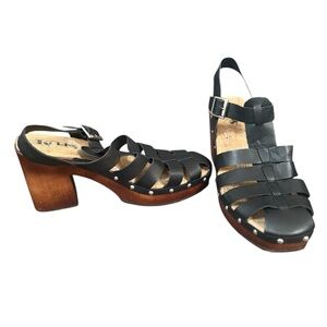 KORKS by KORK-EASE Black Leather Platform Sandals Studded Wood Heel Size 10